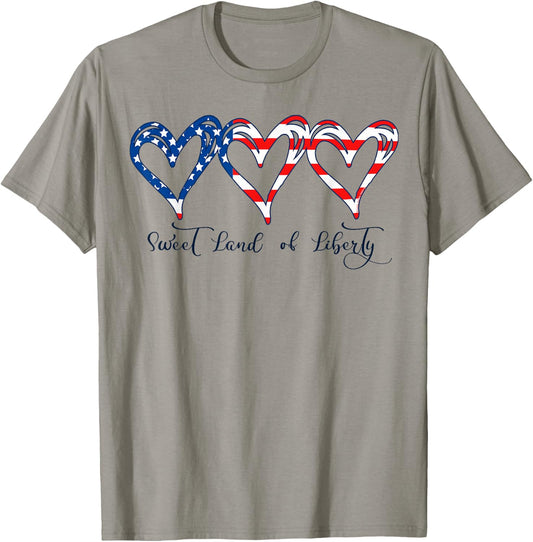 USA Flag Patriotic Hearts 4th of July Sweet Land of Liberty T-Shirt - T-Shirt | Sand