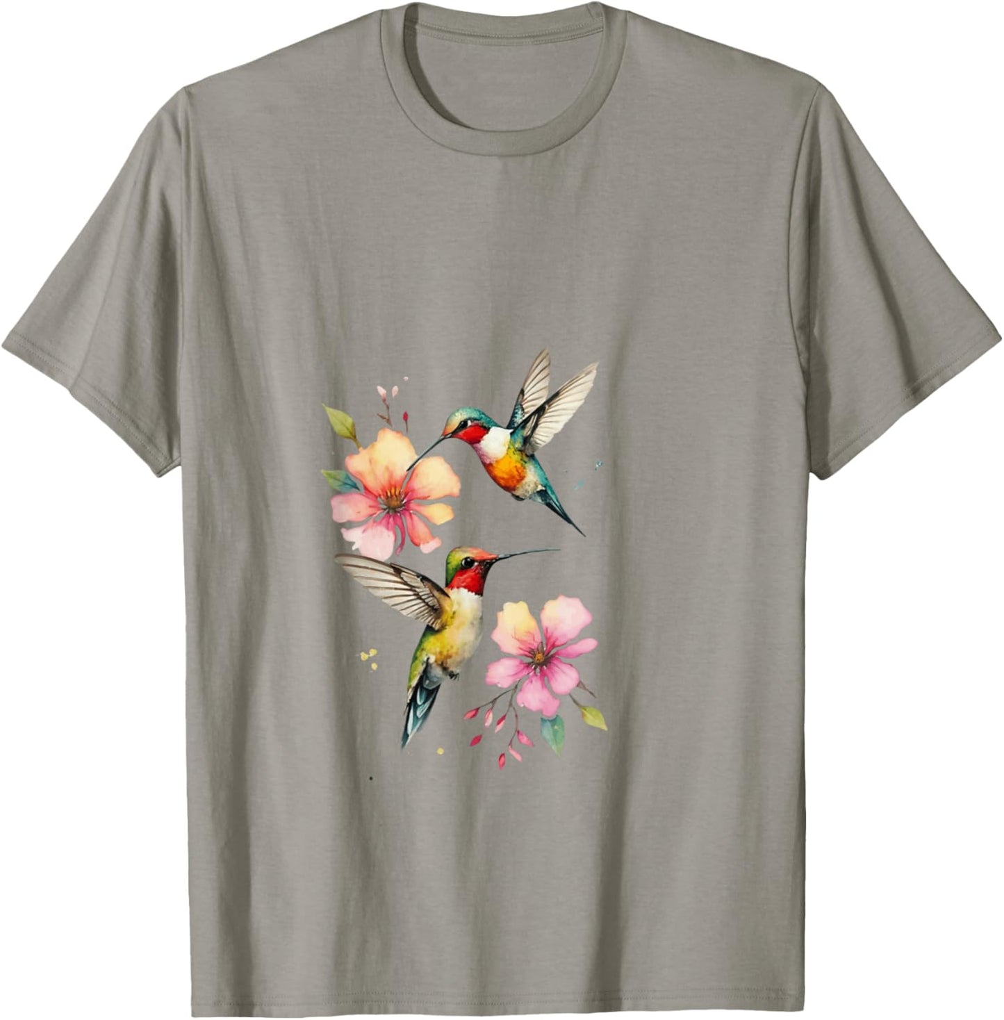 Vibrant Hummingbirds and Floral Watercolor Artwork T-Shirt - T-Shirt | Sand