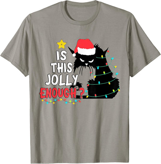 Is This Jolly Enough Black Cat Merry Christmas Tree Lights T-Shirt - T-Shirt | Sand