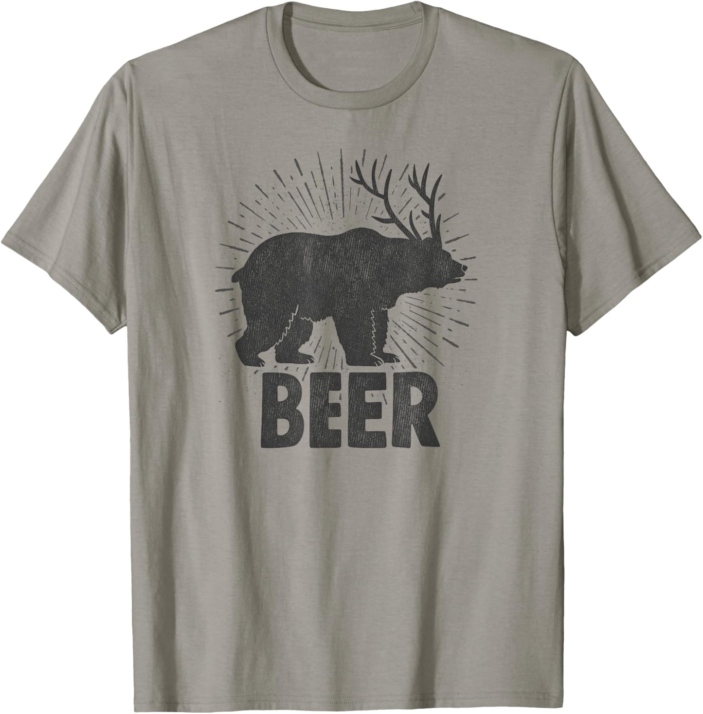 Funny Beer Drinking Design Bear, Deer Combination Distressed T-Shirt - T-Shirt | Sand