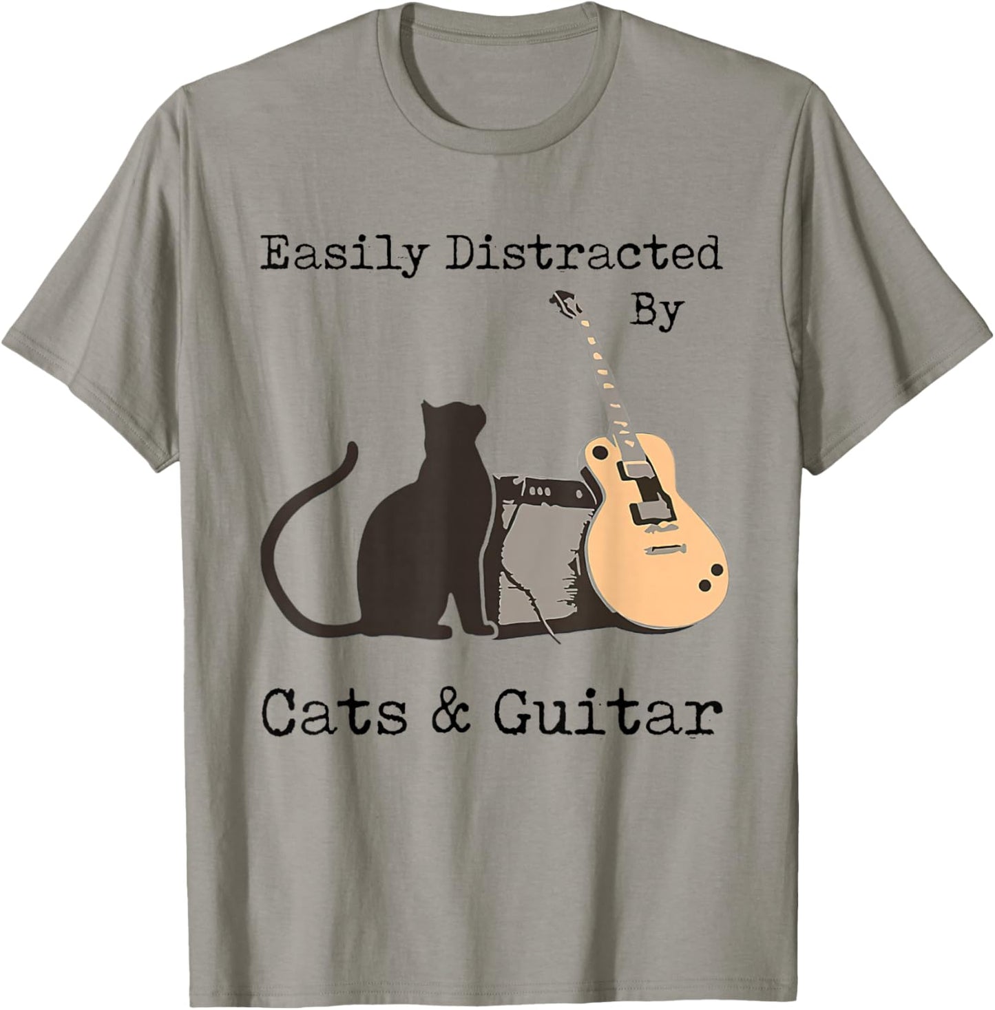 Easily Distracted By Cats And Guitar Gifts Cats Guitar Lover T-Shirt - T-Shirt | Sand