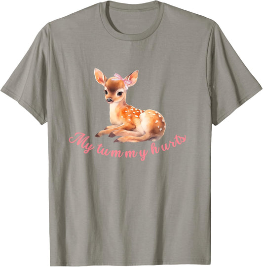 My Tummy Hurts Cute coquette deer bow aesthetic T-Shirt - T-Shirt | Sand