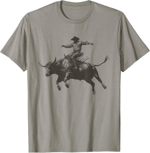 Vintage Cowboy Festival Country Music Concert Grey Cowboy Riding Bull - -Adults & Kids - Short Sleeve - Classic Fit - - Small T-Shirt - T-Shirt | Sand