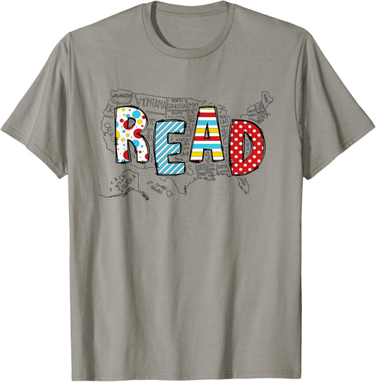 National Read America Red And White Stripe Animated Cat T-Shirt - T-Shirt | Sand