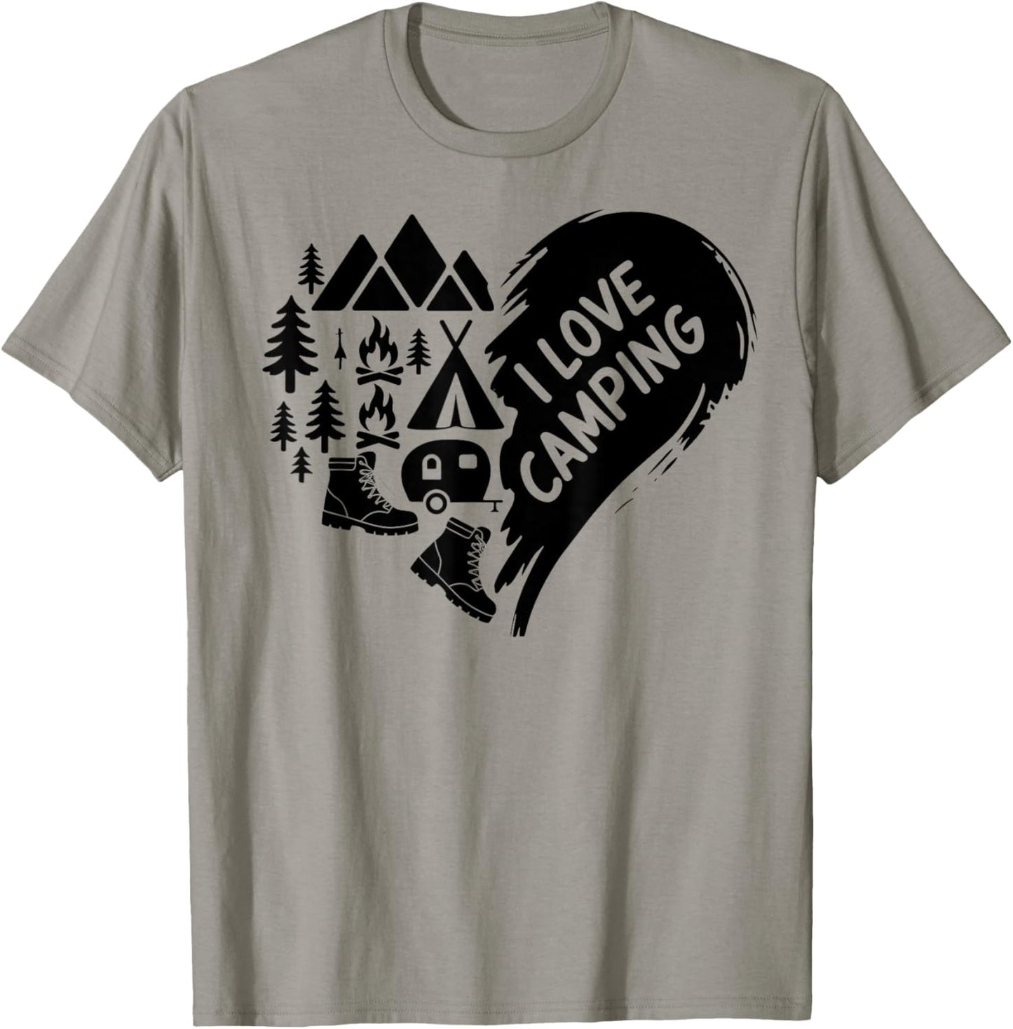 I Love Camping Heart Trees RV Van Campfire Tent Heart Love T-Shirt - T-Shirt | Sand