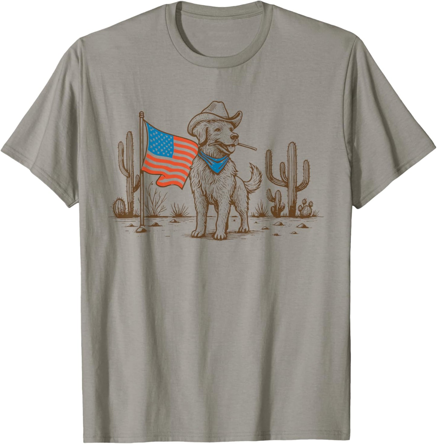 Retro Western Patriotic Cowboy Dog American Flag 4th of July T-Shirt - T-Shirt | Sand