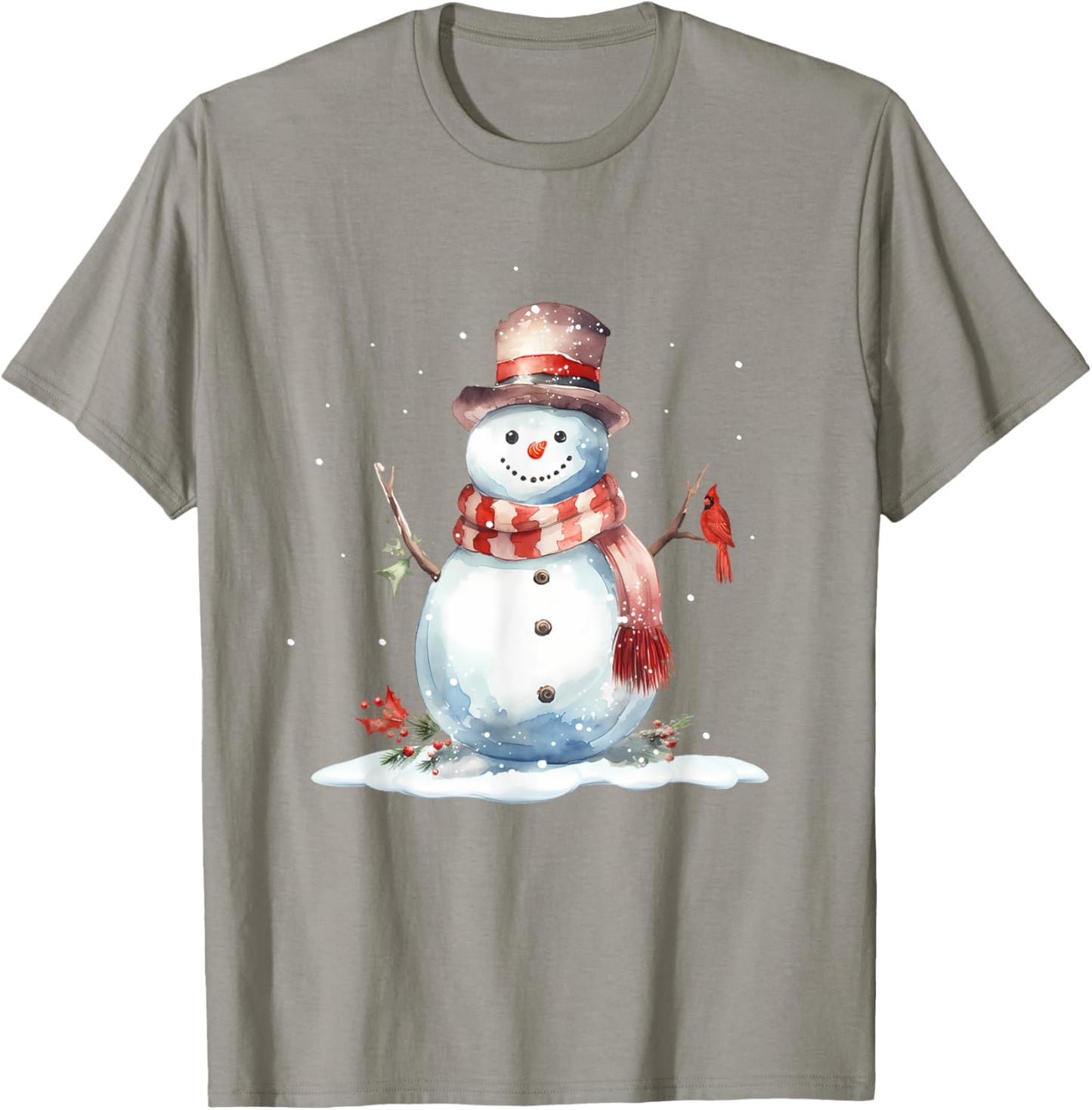 Cardinal Bird on Cute Winter Christmas Snowman, watercolor T-Shirt - T-Shirt | Sand