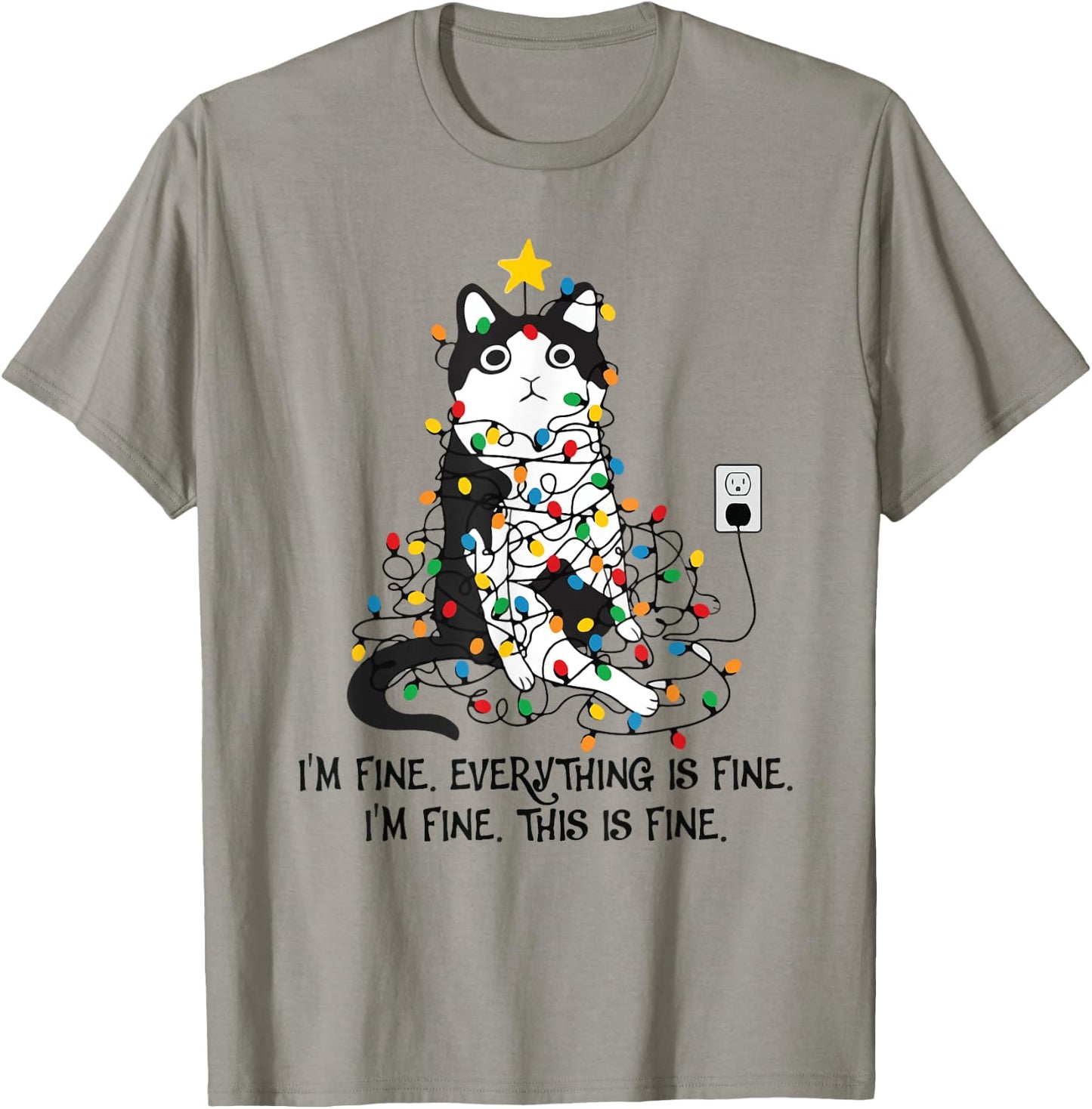I'm Fine This Is Fine Everything Is Fine Black Cat Christmas T-Shirt - T-Shirt | Sand