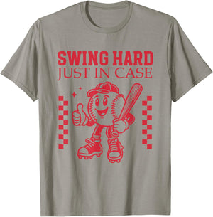"Swing Hard Just In Case" Baseball Cartoon Bat Funny Sports T-Shirt - T-Shirt | Sand