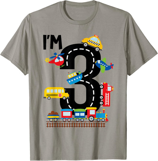 I'm 3 Years Old Birthday Boys Kids Transportation Vehicles T-Shirt - T-Shirt | Sand