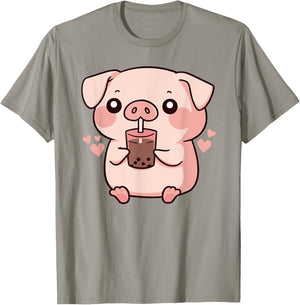 Cute Kawaii Cartoon Pig Drinking Bubble Tea T-Shirt - T-Shirt | Sand