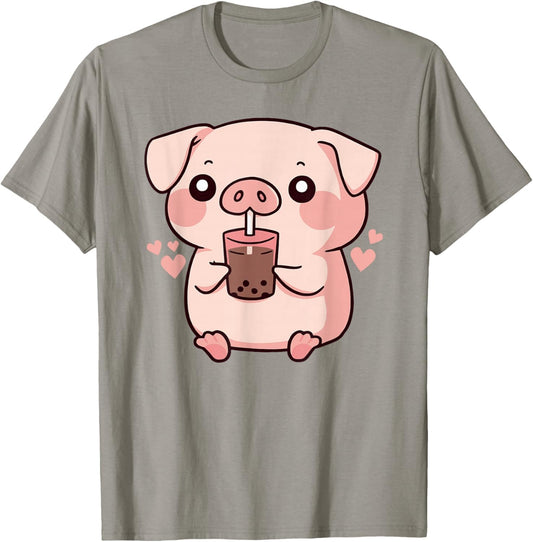 Cute Kawaii Cartoon Pig Drinking Bubble Tea T-Shirt - T-Shirt | Sand