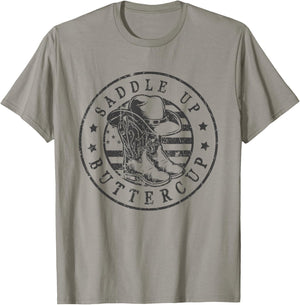 Saddle Up Buttercup Cowboy Boots Western Country USA Flag T-Shirt - T-Shirt | Sand