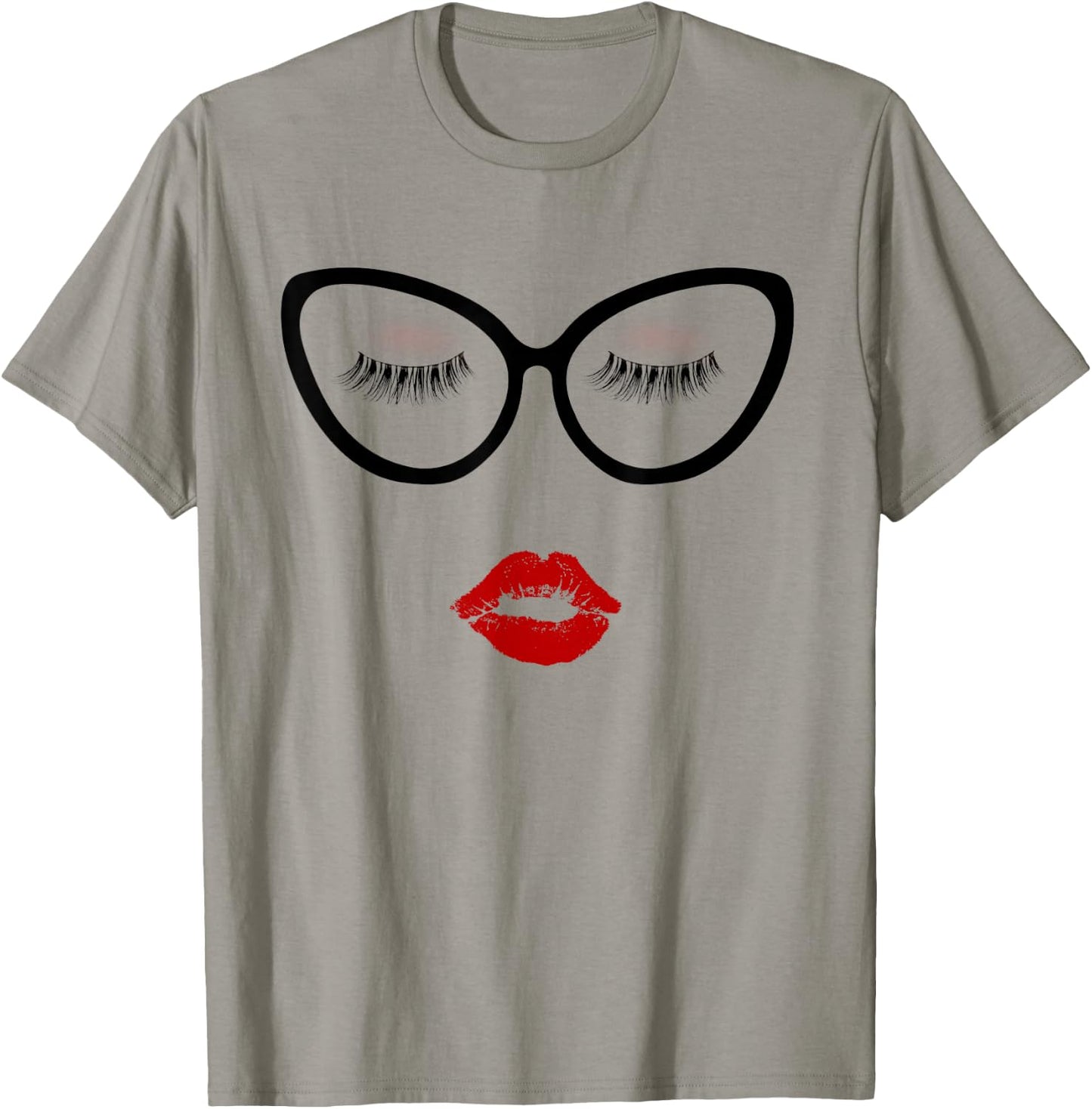 Ladies Eyelashes Black Glasses Red Pouty Full Lips Eyeshadow T-Shirt - T-Shirt | Sand
