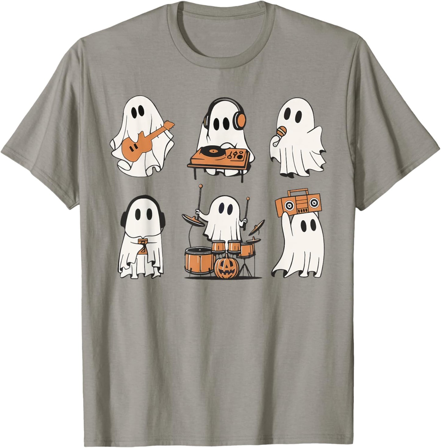 Ghost Love Music Ghost Playing Guitar Drum Halloween Costume T-Shirt - T-Shirt | Sand