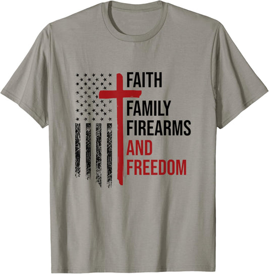 Faith Family Firearms And Freedom USA Flag Christian Patriot Men T-Shirt - T-Shirt | Sand
