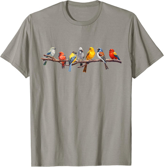 Birding and Bird Lovers Apparel Decor Accessories -Adults, Kids Grey Short Sleeve Classic Fit Backyard Bird Watching Watcher Birders Songbirds on Branch T-Shirt - T-Shirt | Sand