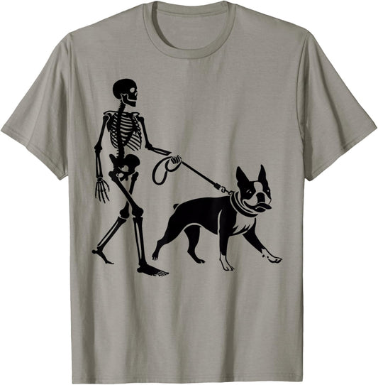 Funny Halloween Skeleton Walking Boston Terrier Dog Lover T-Shirt - T-Shirt | Sand