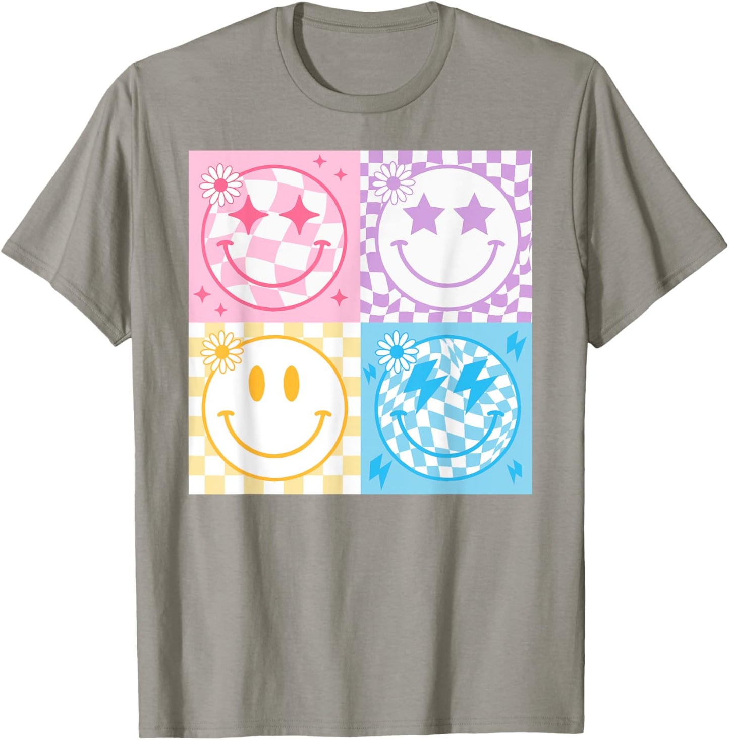 Happy Face Smile Checkered Pattern Retro Vibes Trendy Funny T-Shirt - T-Shirt | Sand