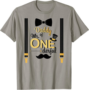 Daddy Of Mr One-derful Party Gold-Black Dad Boy 1st Birthday T-Shirt - T-Shirt | Sand