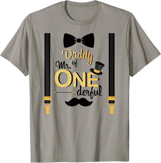 Daddy Of Mr One-derful Party Gold-Black Dad Boy 1st Birthday T-Shirt - T-Shirt | Sand