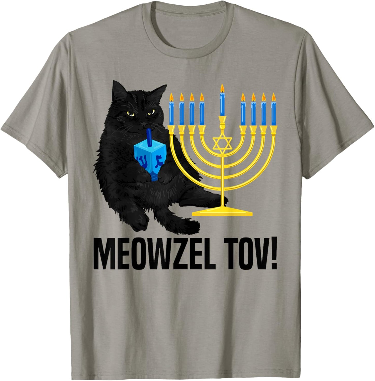 Meowzel Tov Black Cat Menorah Dreidel Hanukkah Chanukah PJS T-Shirt - T-Shirt | Sand