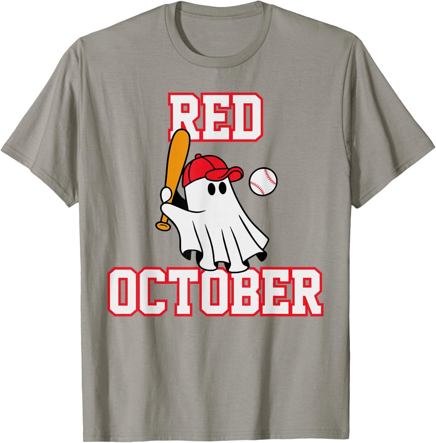 Red October Halloween Ghost Playing Baseball Sport Women Men T-Shirt - T-Shirt | Sand