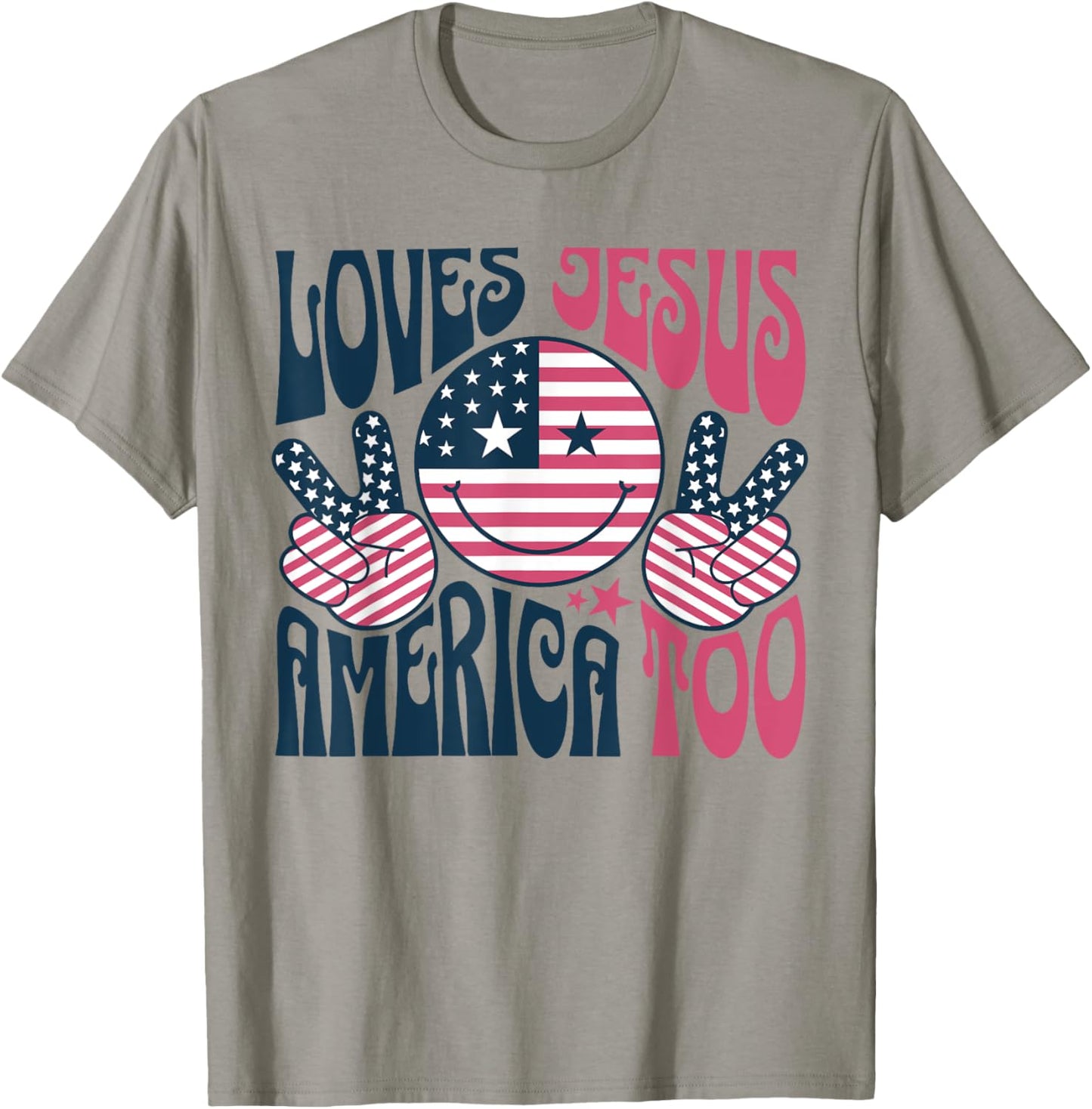 Groovy Loves Jesus And America Too God Christian 4th of July T-Shirt - T-Shirt | Sand