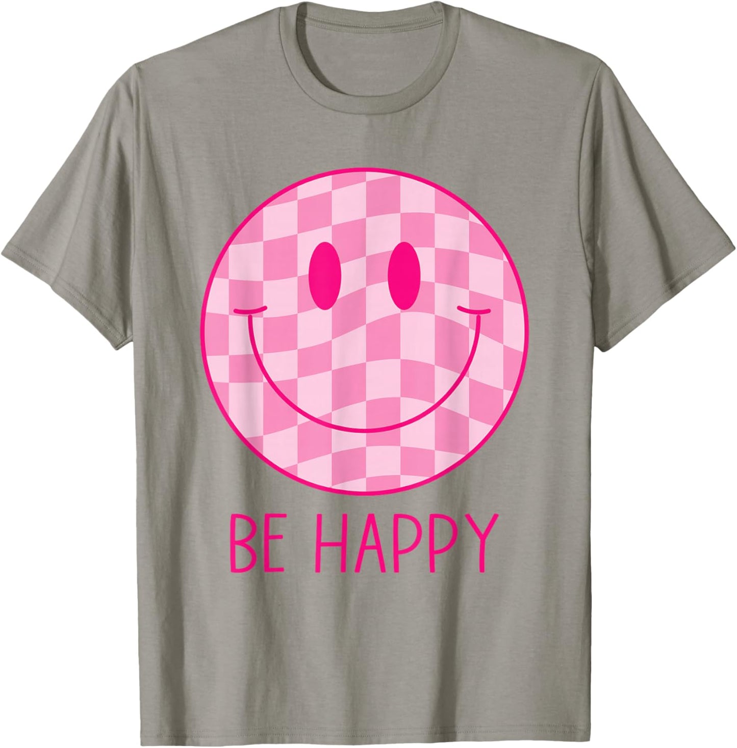 Be Happy Pink Checkered Smile Face Shirt Peace Smiling Face T-Shirt - T-Shirt | Sand
