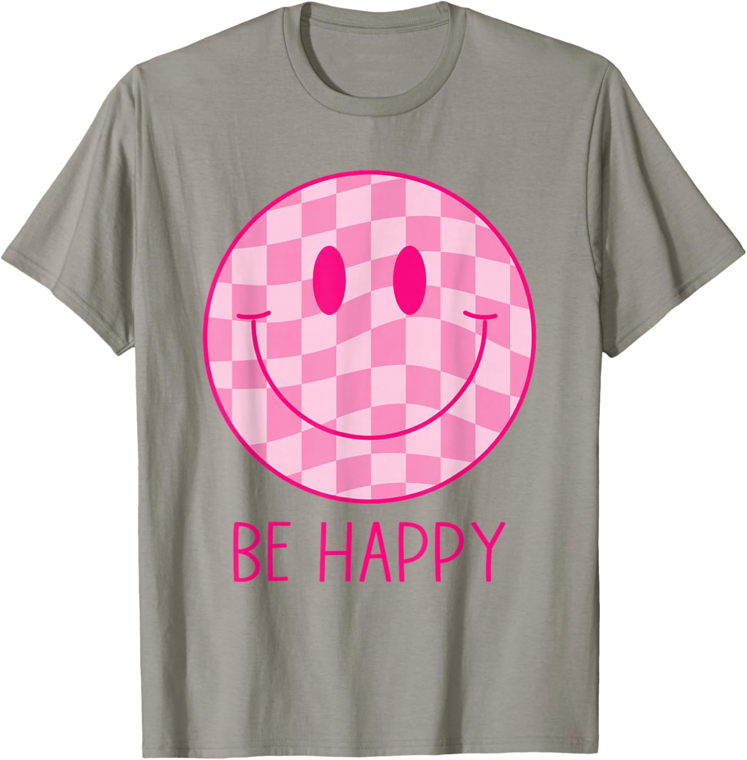 Be Happy Pink Checkered Smile Face Shirt Peace Smiling Face T-Shirt - T-Shirt | Sand