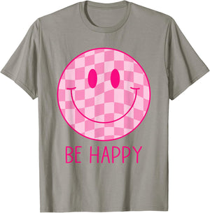 Be Happy Pink Checkered Smile Face Shirt Peace Smiling Face T-Shirt - T-Shirt | Sand