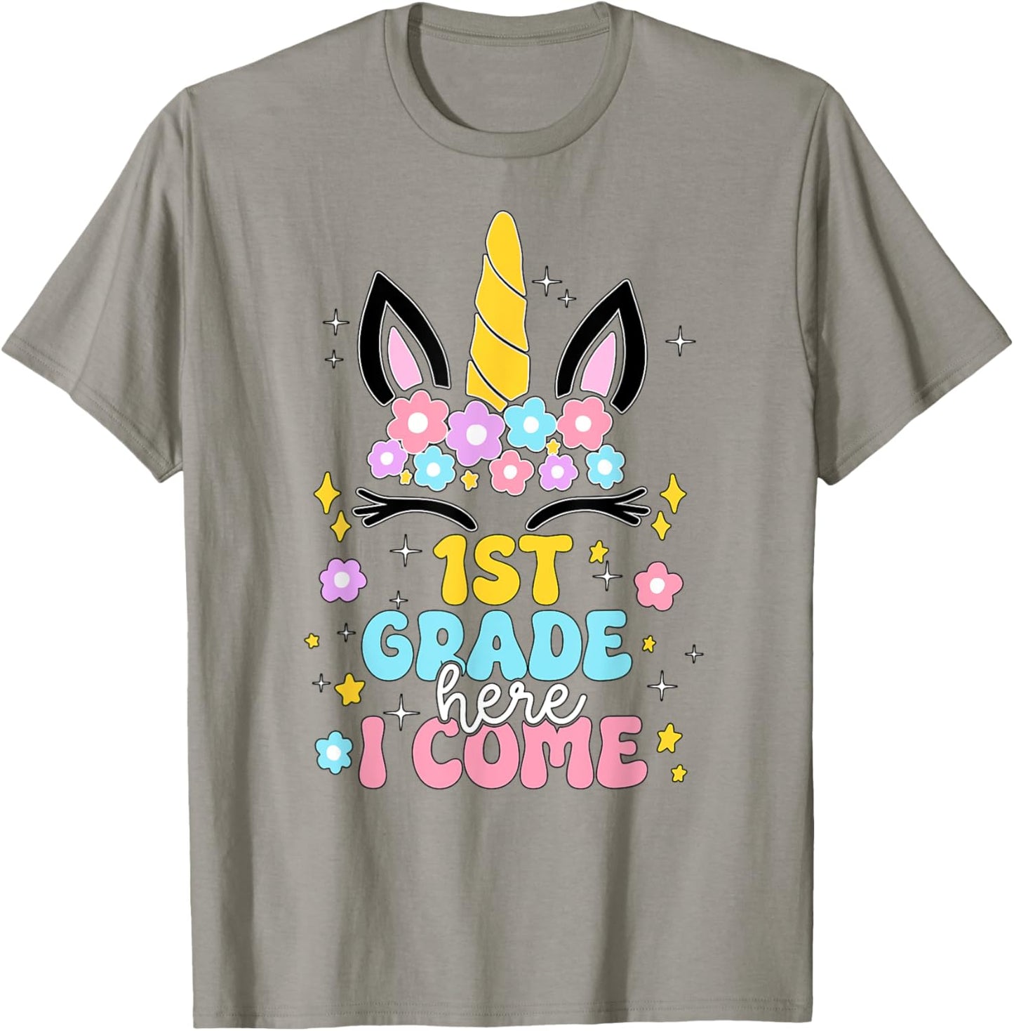 First Grade Here I Come Unicorn Girls Kids Back To School T-Shirt - T-Shirt | Sand