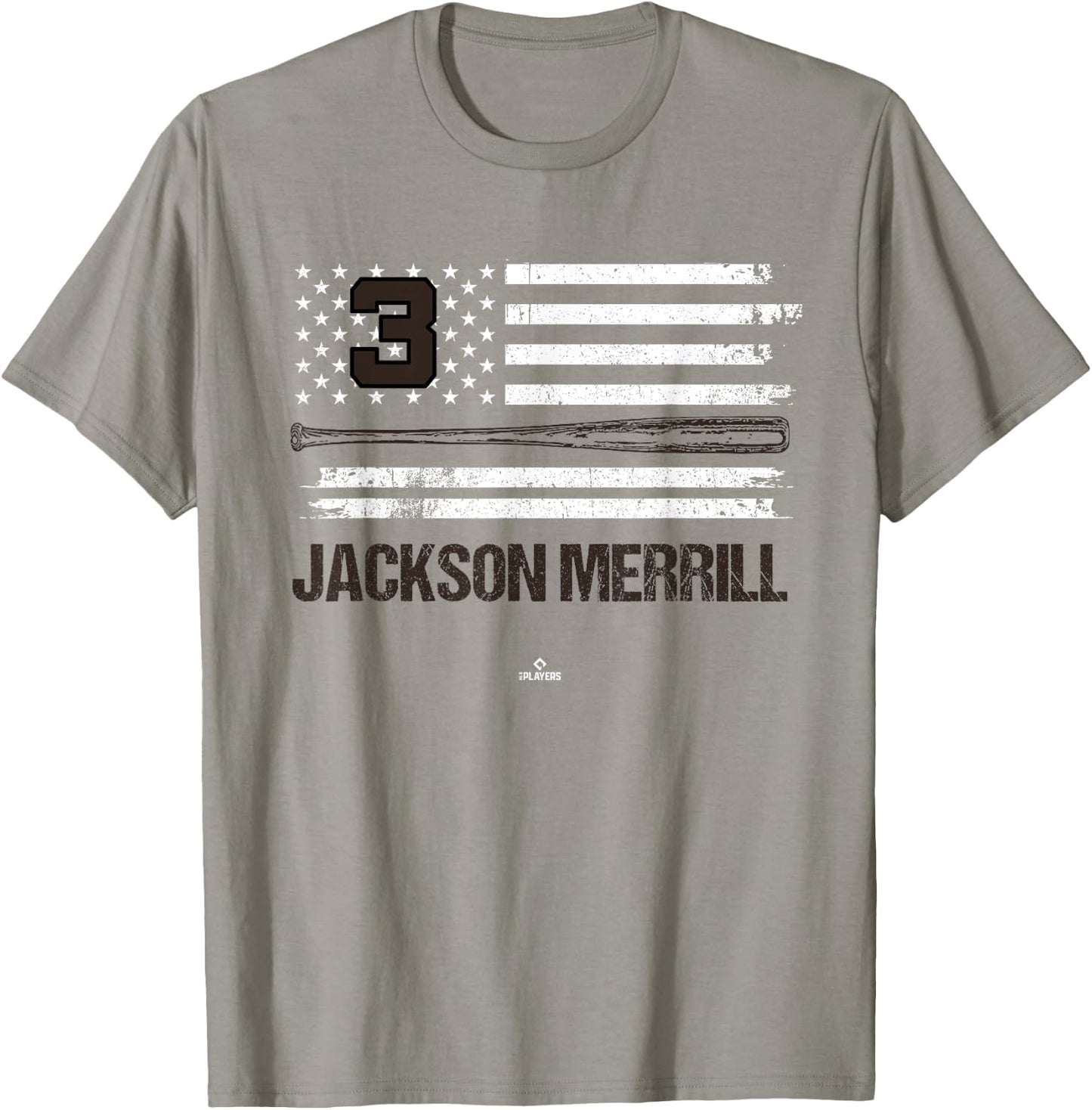 USA Flag Bat Jackson Merrill San Diego Baseball MLBPA T-Shirt - T-Shirt | Sand