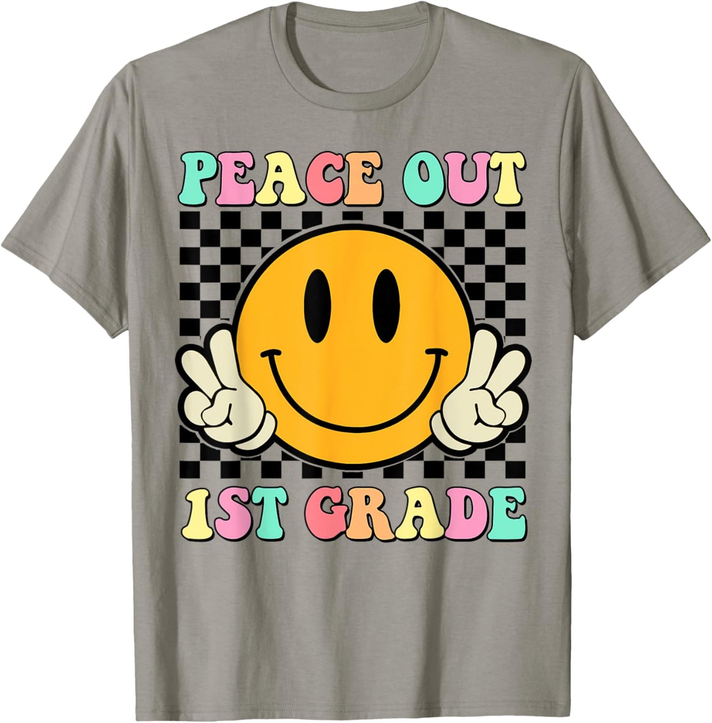 Peace Out 1st Grade Teacher Retro Smile Last Day Of School Men Women Girls Kids T-Shirt - T-Shirt | Sand