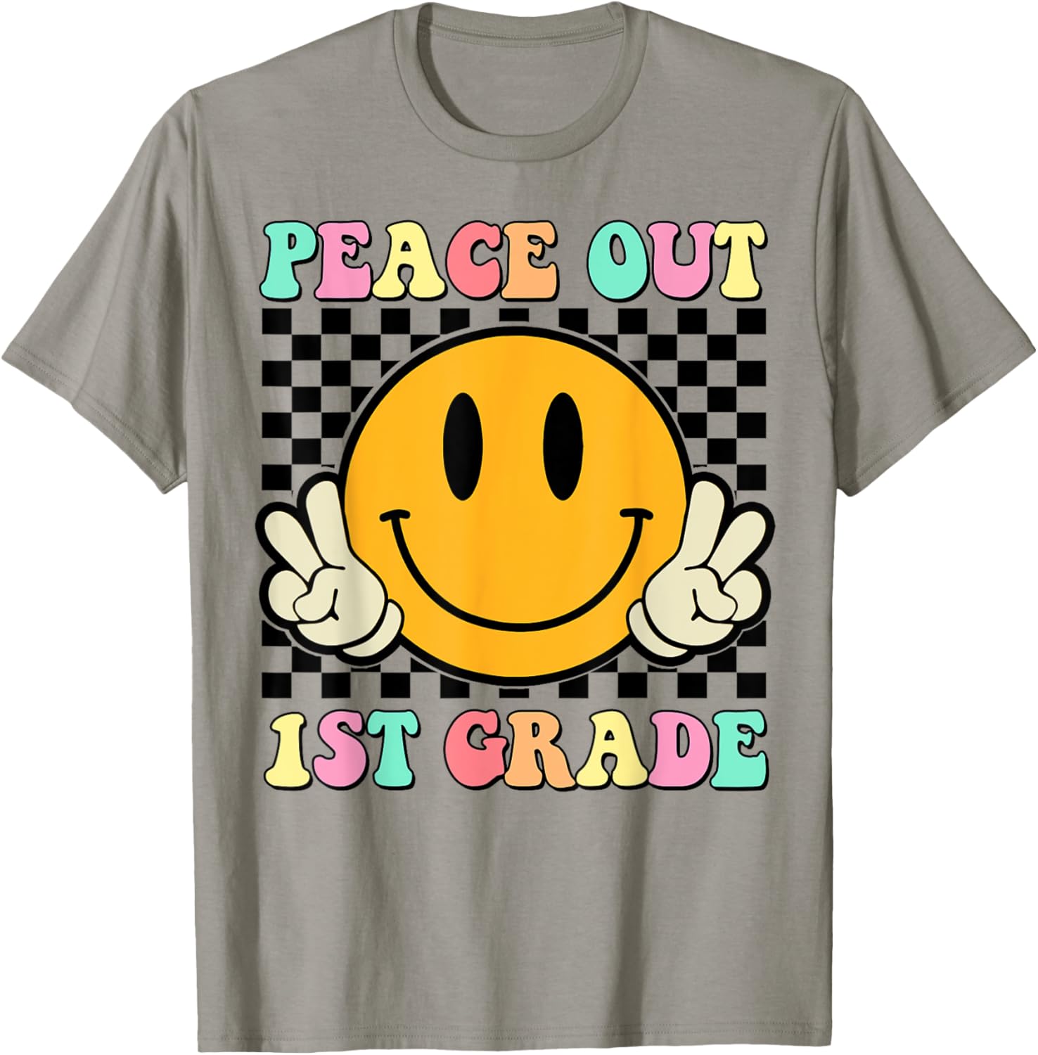 Peace Out 1st Grade Teacher Retro Smile Last Day Of School Men Women Girls Kids T-Shirt - T-Shirt | Sand