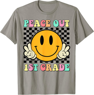 Peace Out 1st Grade Teacher Retro Smile Last Day Of School Men Women Girls Kids T-Shirt - T-Shirt | Sand