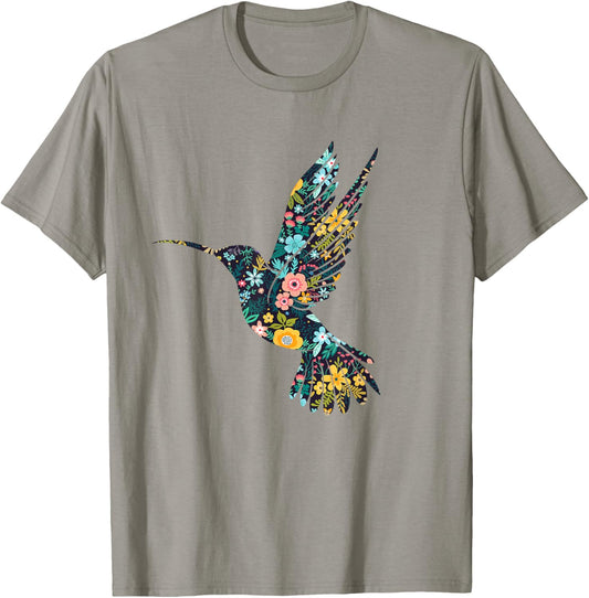Floral Hummingbird Silhouette Girls Graphic T-Shirt - T-Shirt | Sand