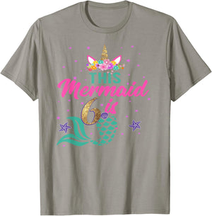 6th Birthday Girl Unicorn Shirt Mermaid Tail 6 Years Old T-Shirt - T-Shirt | Sand