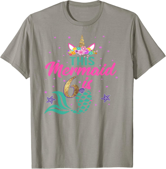 6th Birthday Girl Unicorn Shirt Mermaid Tail 6 Years Old T-Shirt - T-Shirt | Sand