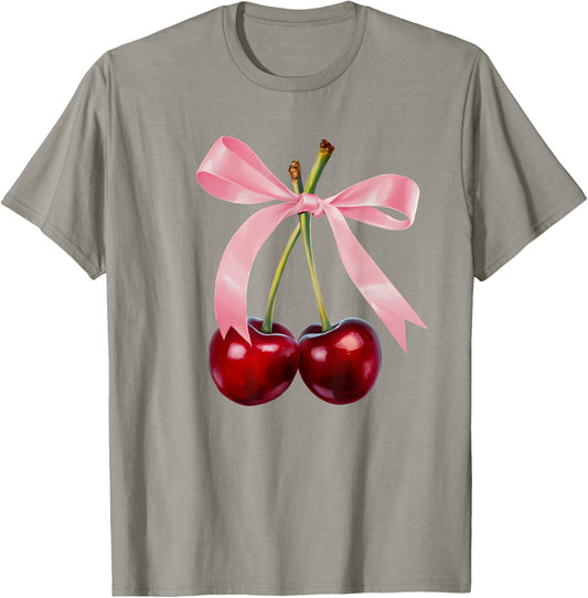 Cherry Graphic Pink Bow Red Aesthetic Cherries Summer Y2K Women Kids T-Shirt - T-Shirt | Sand