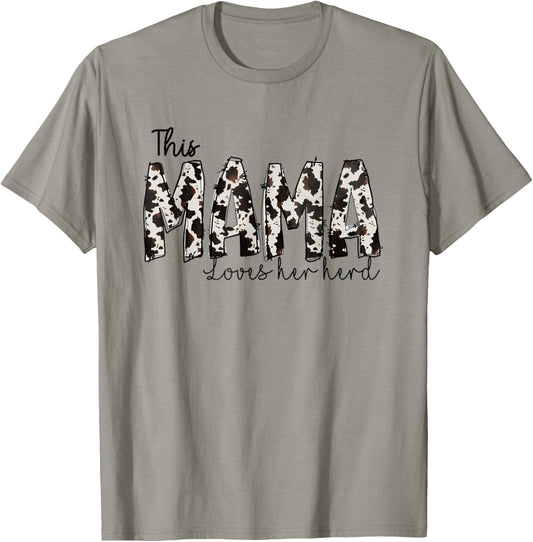 This Mama Loves Her Herd Mother's Day Cow Pattern T-Shirt - T-Shirt | Sand