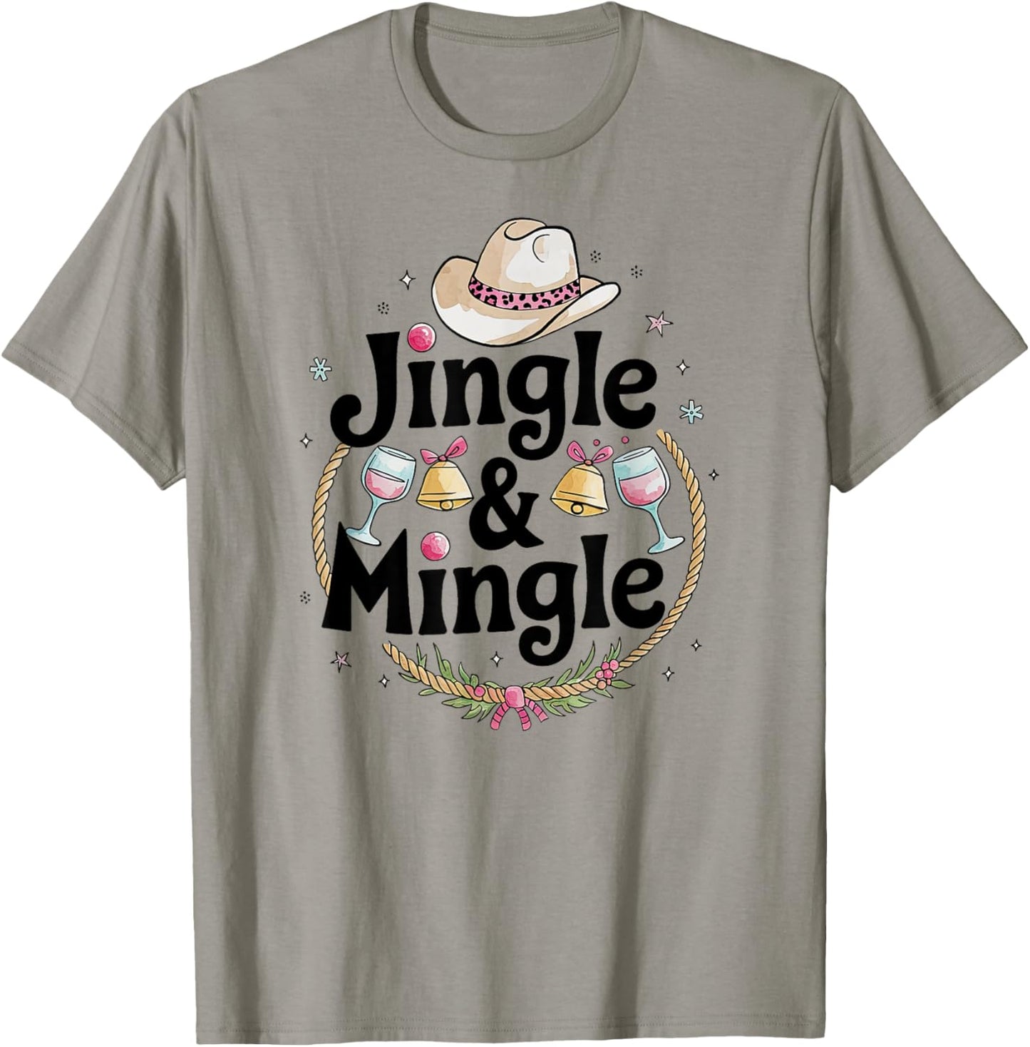 Cowgirl Christmas Party Pink Happy Hour Jingle & Mingle T-Shirt - T-Shirt | Sand