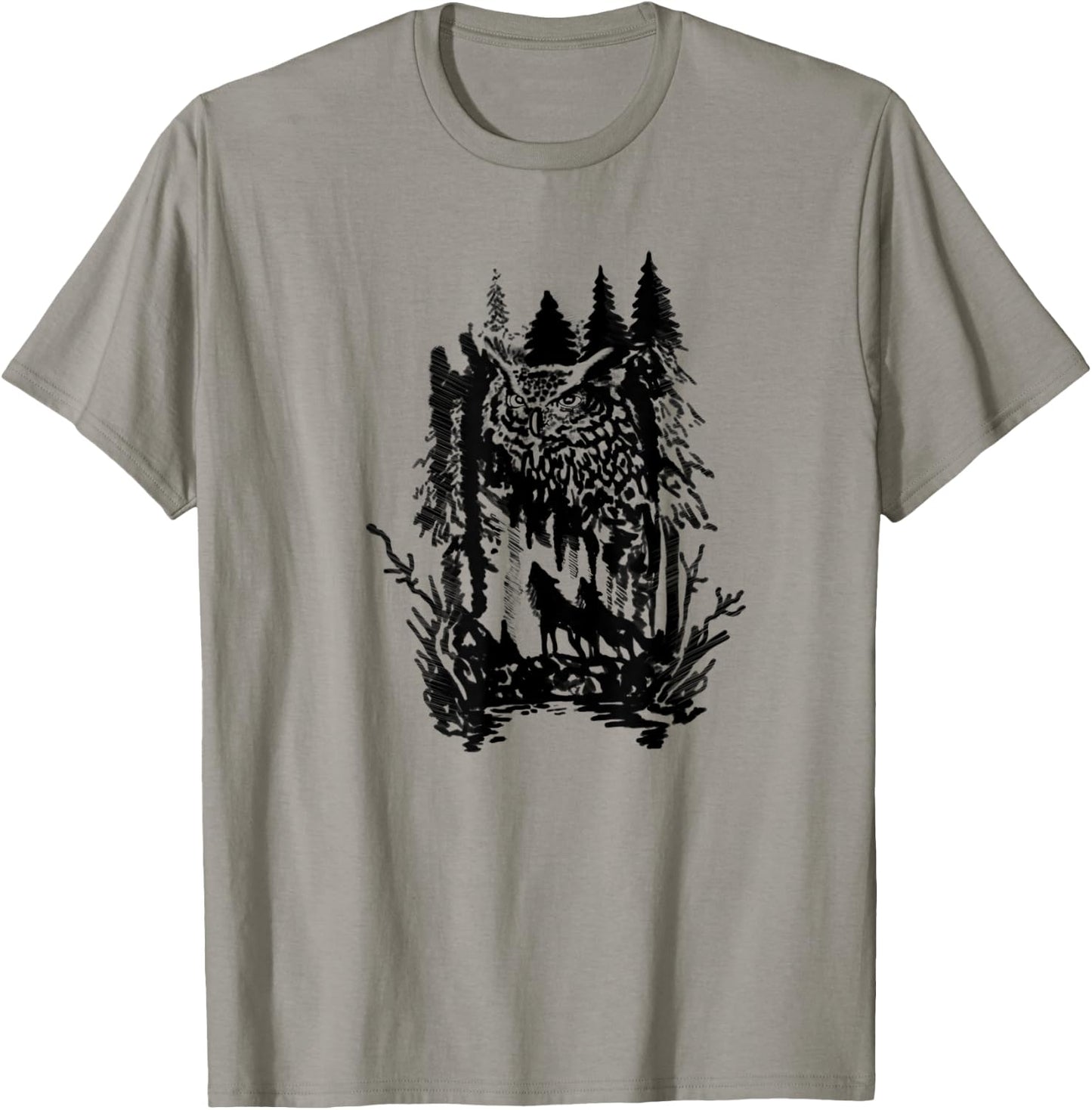 Beautiful harmony owls and wolves with forest design T-Shirt - T-Shirt | Sand