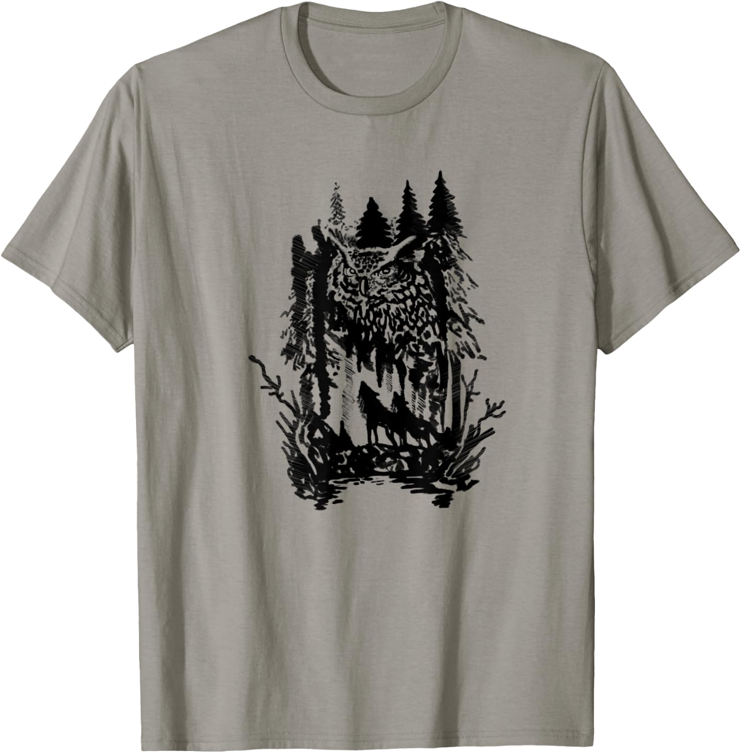 Beautiful harmony owls and wolves with forest design T-Shirt - T-Shirt | Sand