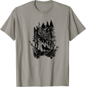 Beautiful harmony owls and wolves with forest design T-Shirt - T-Shirt | Sand