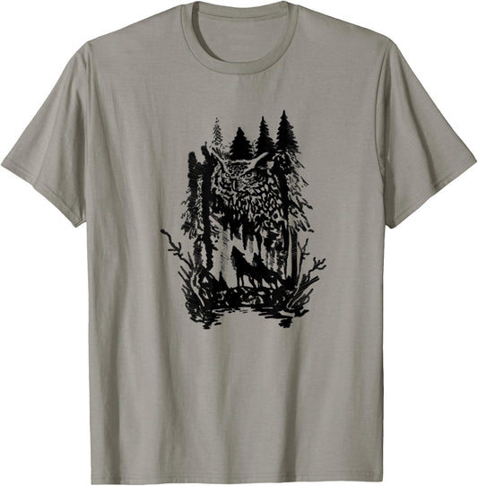 Beautiful harmony owls and wolves with forest design T-Shirt - T-Shirt | Sand