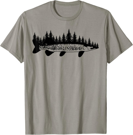 Tiger Musky Pine Forest Treeline - Outdoor Fishing Angler T-Shirt - T-Shirt | Sand