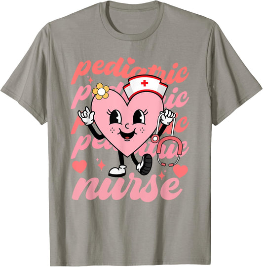 Retro Pediatric Nurse Cute Valentines Day Hearts Stethoscope T-Shirt - T-Shirt | Sand