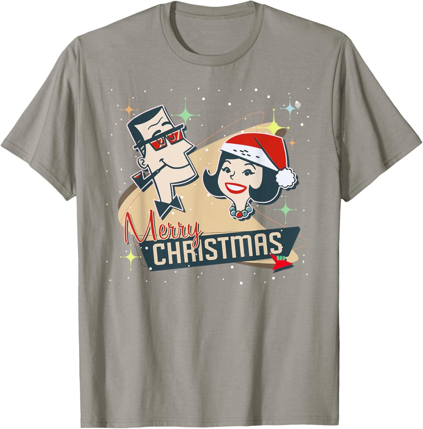 Retro Couple a Vintage Holiday and Mid-Century Christmas T-Shirt - T-Shirt | Sand