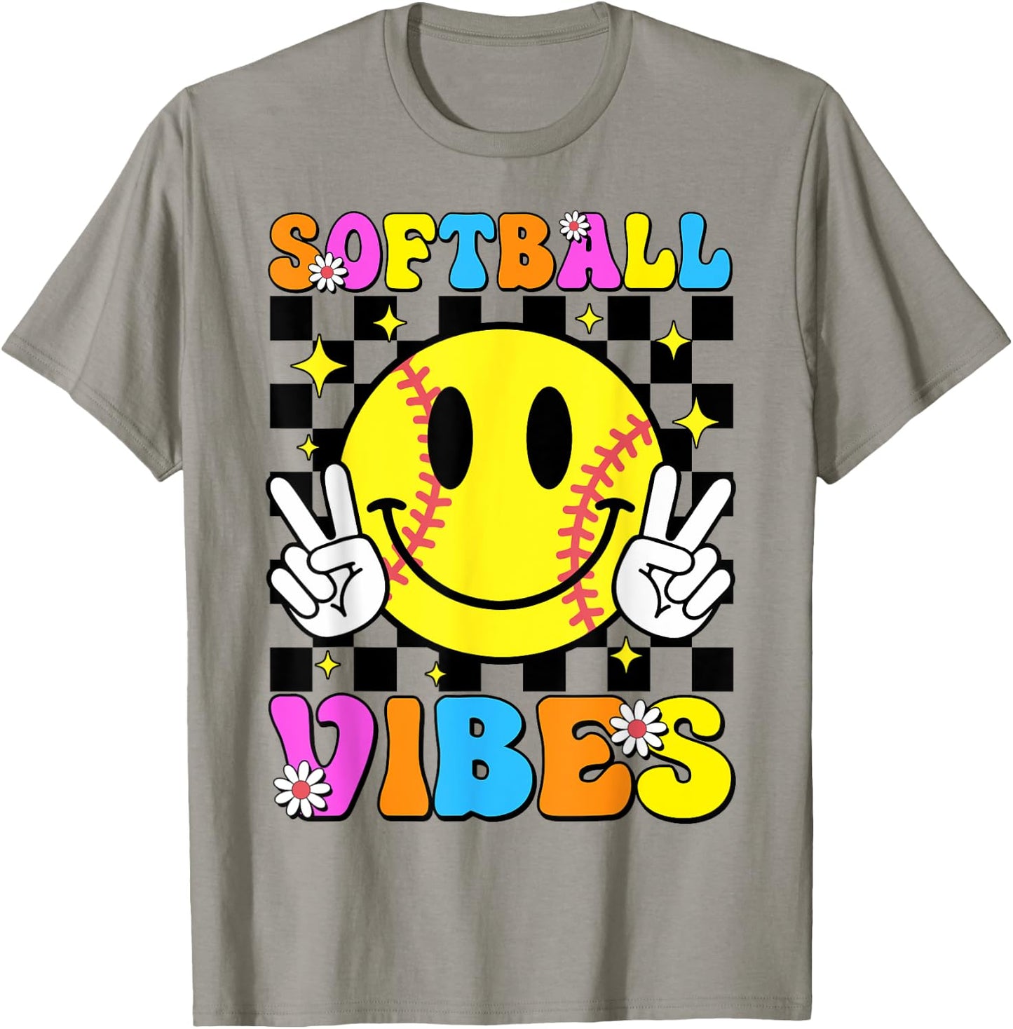 Groovy Softball Vibes Smile Face Checkered Girls Women T-Shirt - T-Shirt | Sand